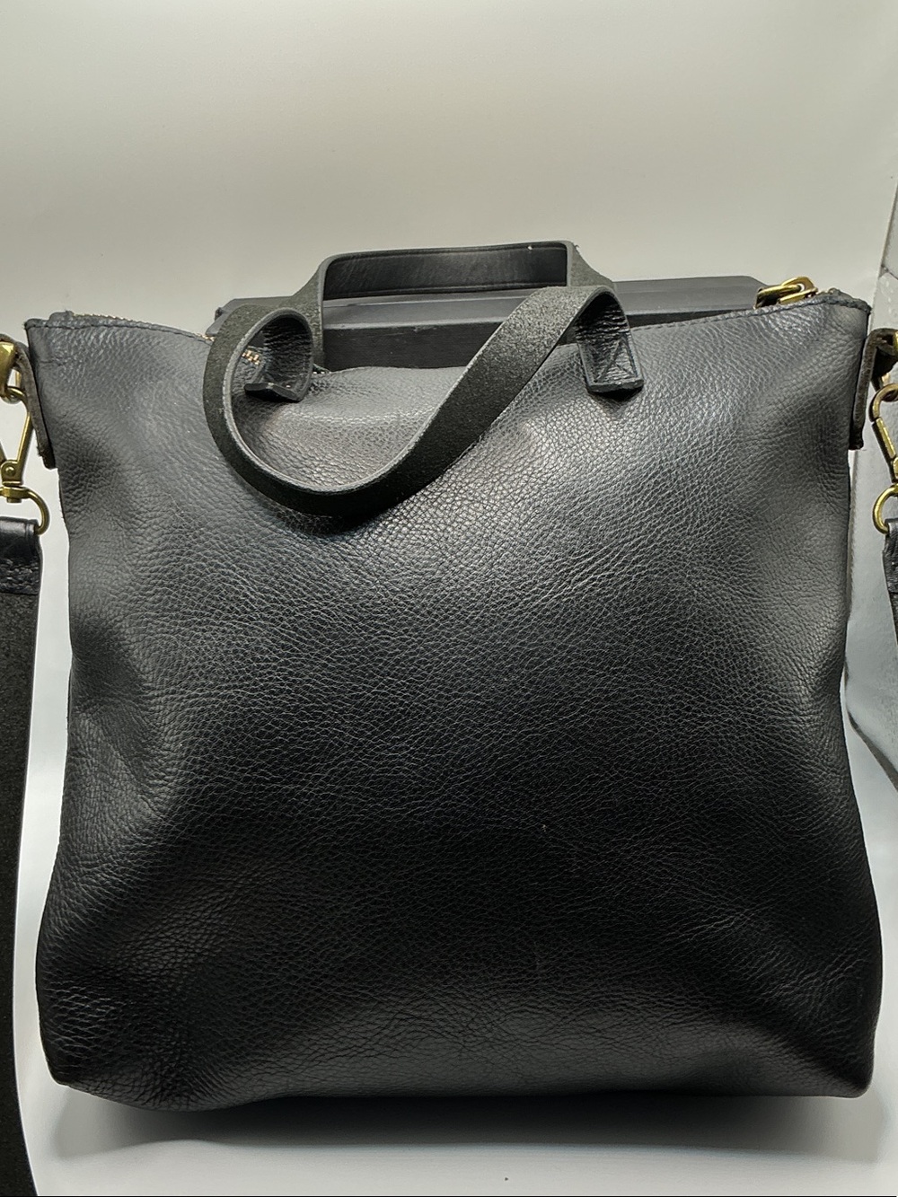 Black Leather Tote Bag with Detachable Strap